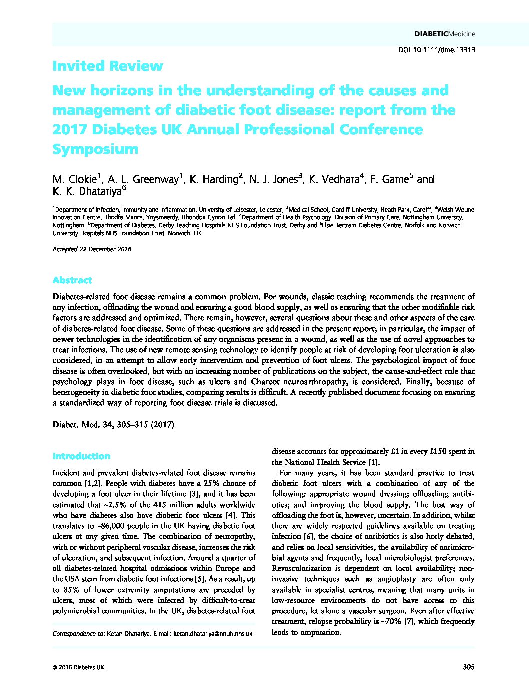 New Horizons In The Understanding Of The Causes And Management Of Diabetic Foot Disease Report From The 17 Diabetes Uk Annual